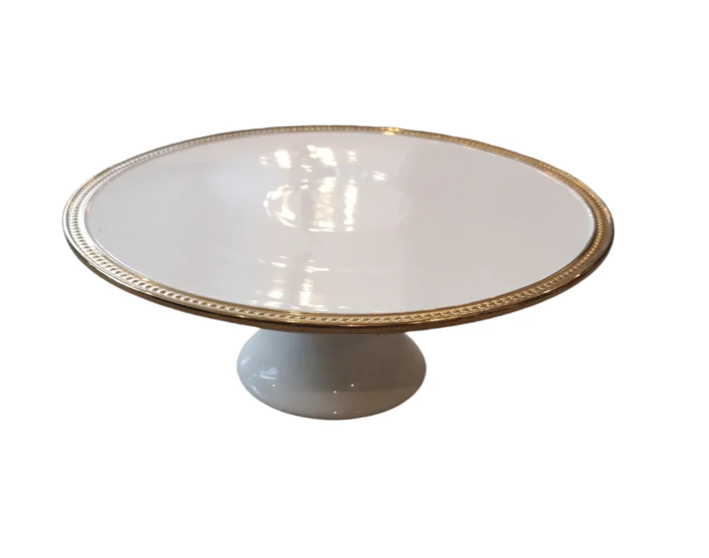 White cake stand with gold rim 12"
