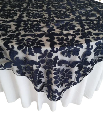 Sur-nappe 72x72 organza floral marine