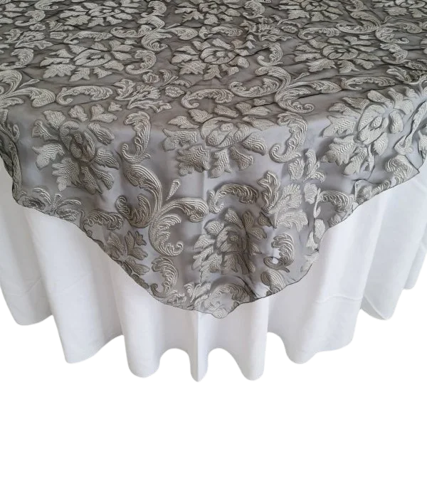 Grey floral organza 72x72 table overlay