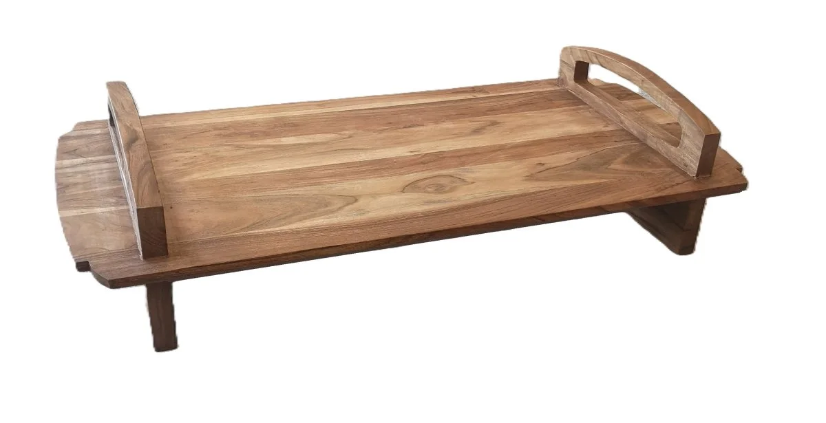 Rectangular wooden serving tray on stand