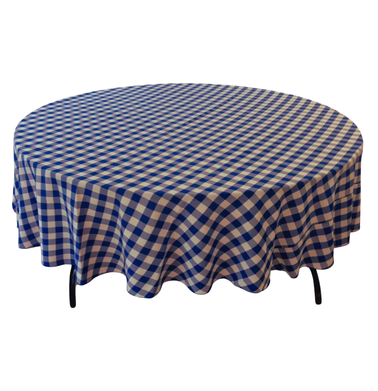 Blue and white checkered 90" round tablecloth